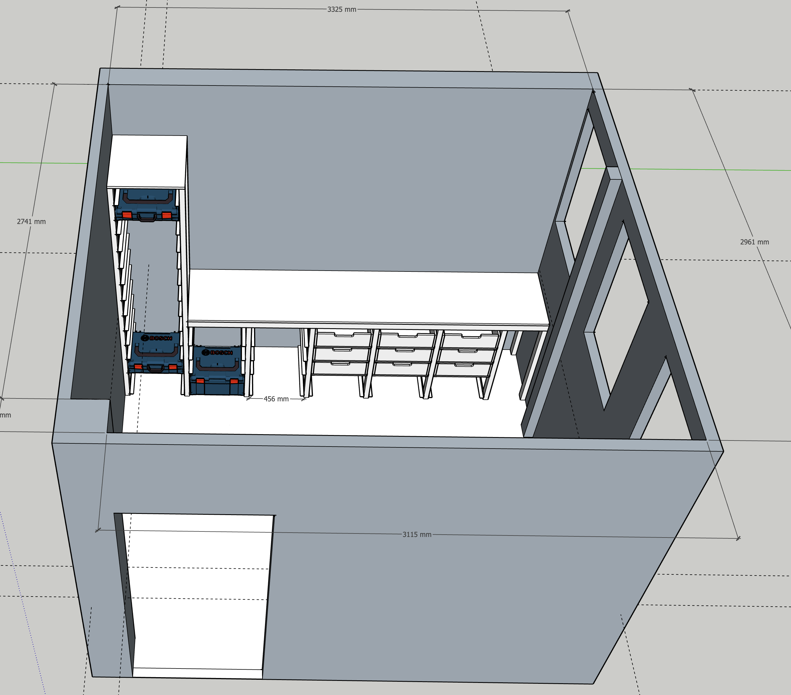 Modélisation de l’atelier, l’établi sur cette image n’est pas la version définitive